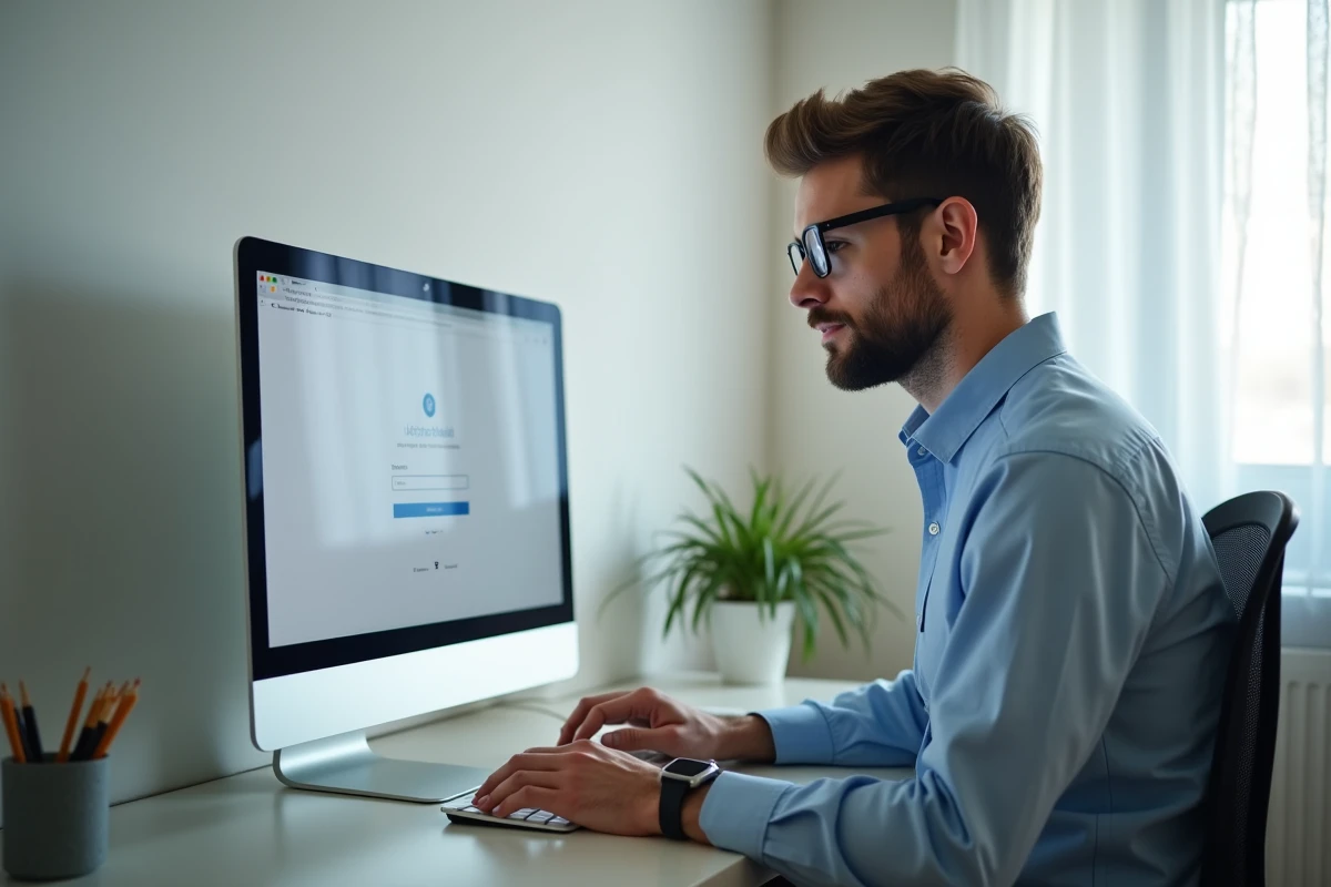 Jeune homme se connectant à sa messagerie académique depuis un appartement moderne