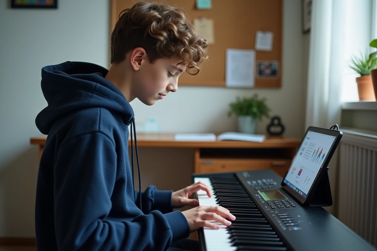 Adolescent débutant apprenant le piano numérique dans sa chambre avec une tablette comme tutoriel