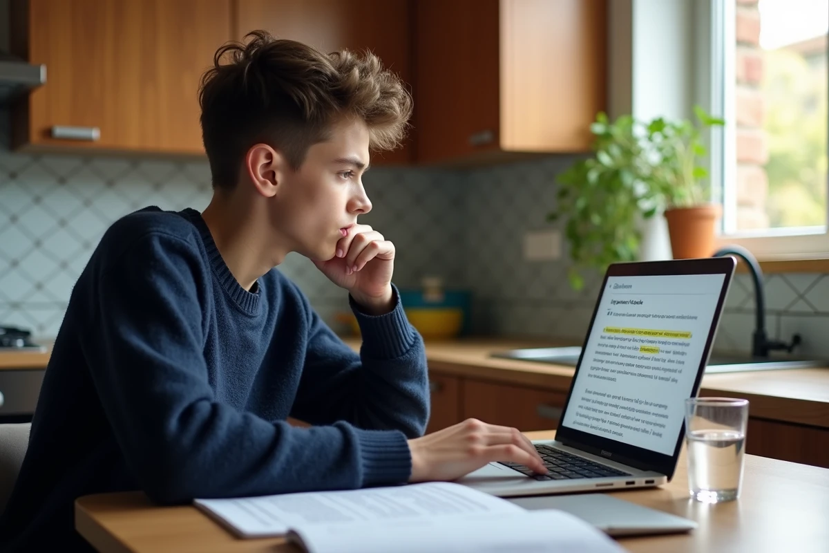 Adolescent travaillant à domicile sur une liste de connecteurs logiques affichée sur son ordinateur portable