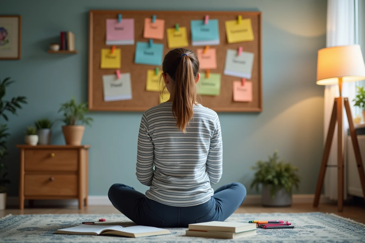 Adolescente utilisant des fiches colorées pour apprendre les déclinaisons allemandes dans sa chambre