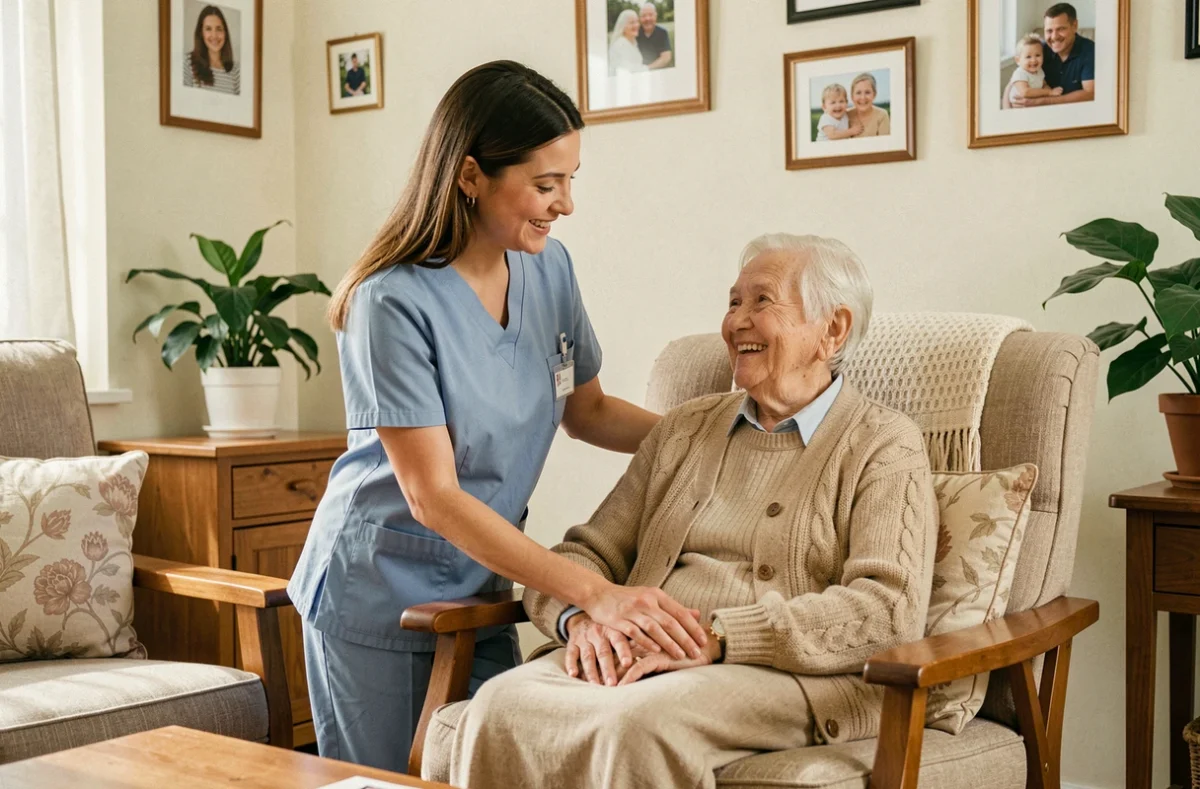 Aide à domicile en uniforme bleu aidant une personne âgée dans son salon, illustration du métier de service à la personne sans diplôme