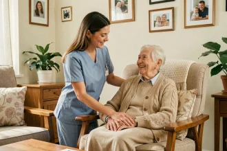 Aide à domicile en uniforme bleu aidant une personne âgée dans son salon, illustration du métier de service à la personne sans diplôme