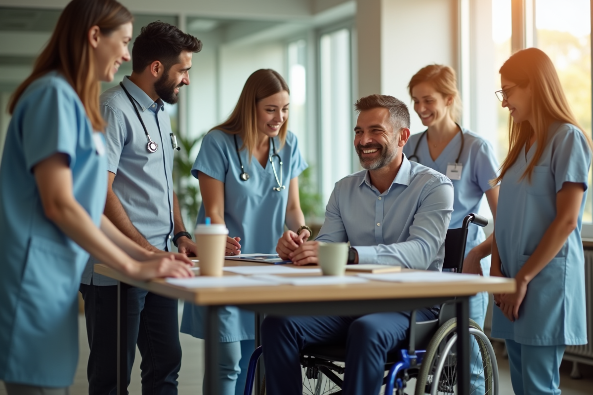 Homme en fauteuil travaille avec une equipe de soignants dans un bureau lumineux