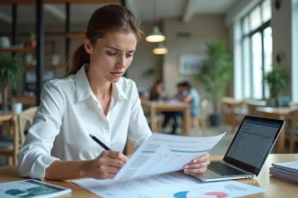 Femme analysant une grille tarifaire d'abonnement emailing à son bureau avec des documents imprimés