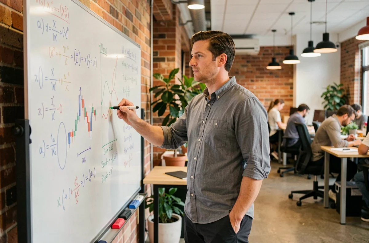 Analyste quantitatif écrivant des modèles financiers au tableau dans un espace de coworking moderne