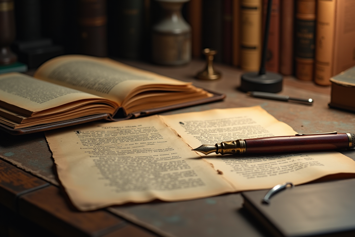 Vieux livres et documents historiques sur un bureau vintage