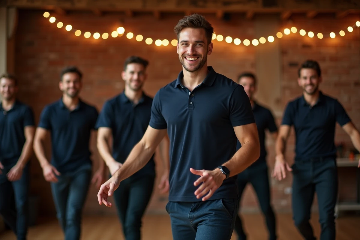 Groupe d'hommes en cours de danse Madison lors d'un EVG avec instructeur dans une salle de fête au décor rustique