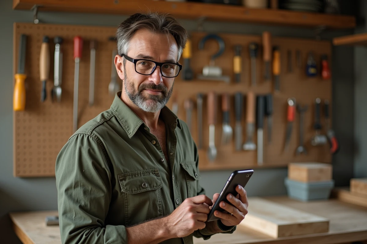 Artisan bricoleur accédant à sa formation CPF sur smartphone dans un atelier de travaux manuels