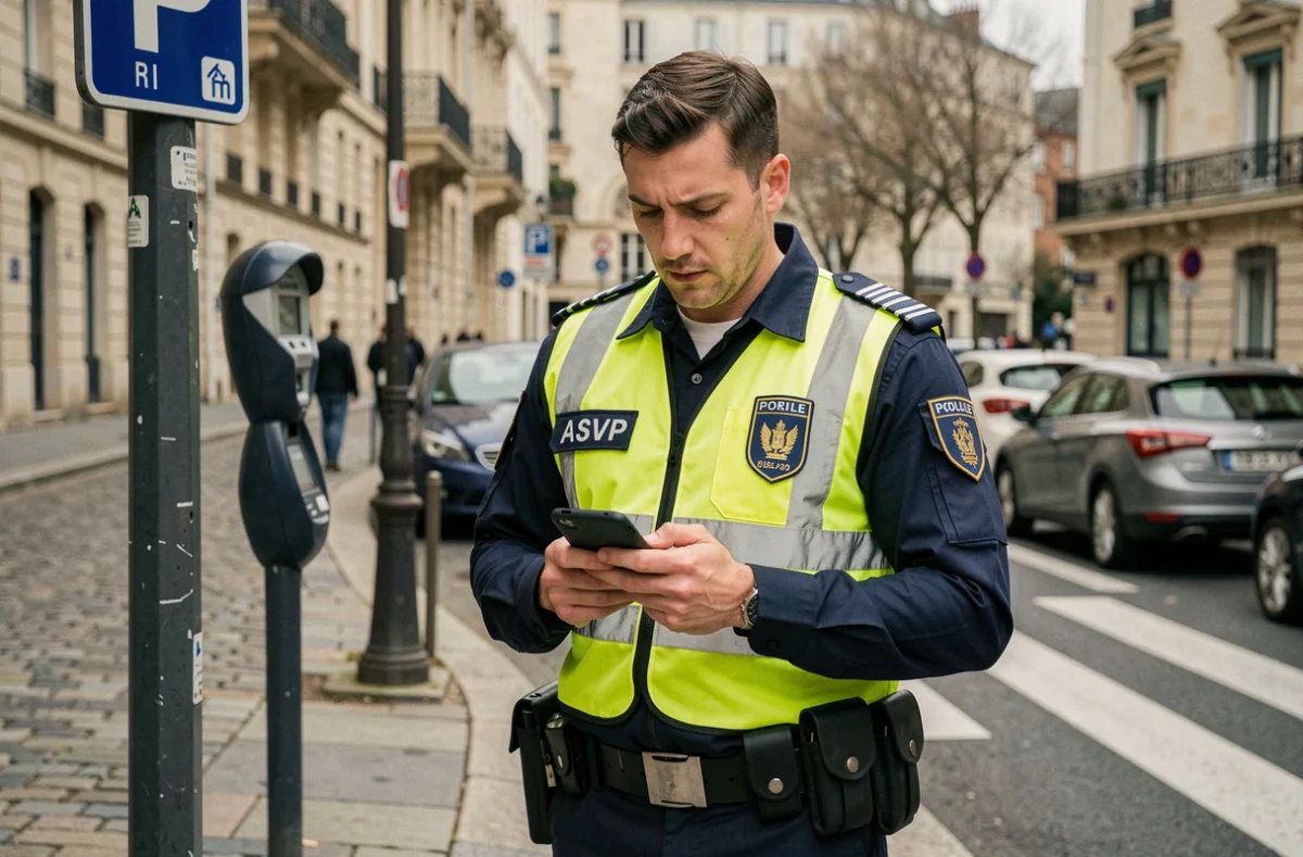 Agent de surveillance de la voie publique (ASVP) en uniforme contrôlant un stationnement en ville avec un terminal électronique