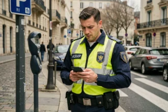 Agent de surveillance de la voie publique (ASVP) en uniforme contrôlant un stationnement en ville avec un terminal électronique