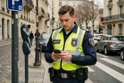 Agent de surveillance de la voie publique (ASVP) en uniforme contrôlant un stationnement en ville avec un terminal électronique