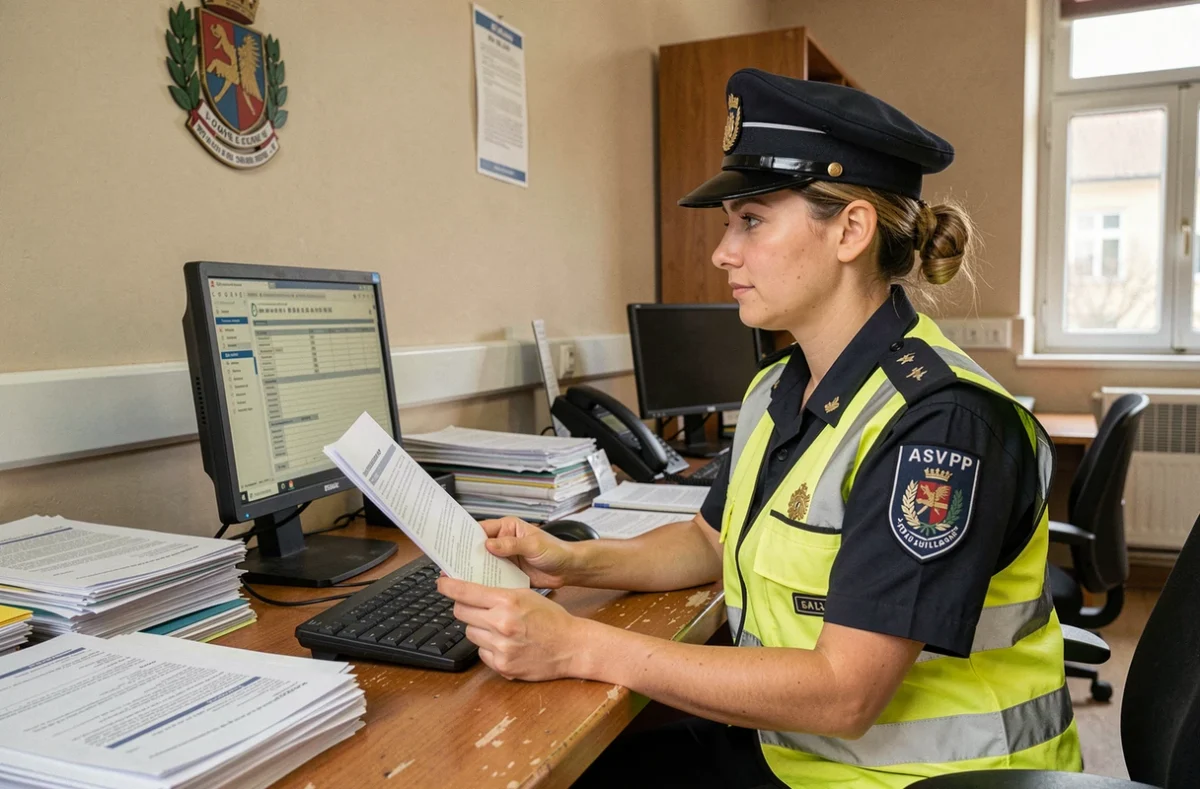 Agente ASVP en mairie consultant des documents administratifs liés à ses missions de surveillance et de verbalisation