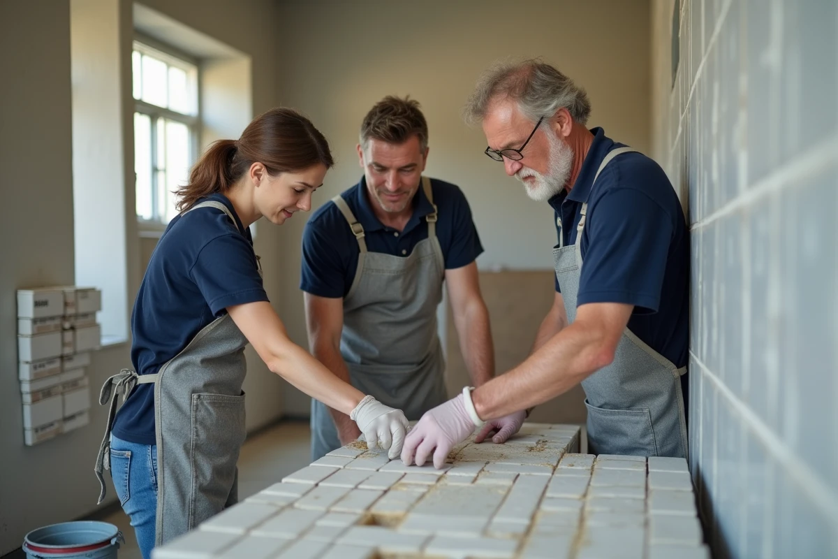 Des participants à un atelier de carrelage dans un centre de formation bricolage local avec un instructeur