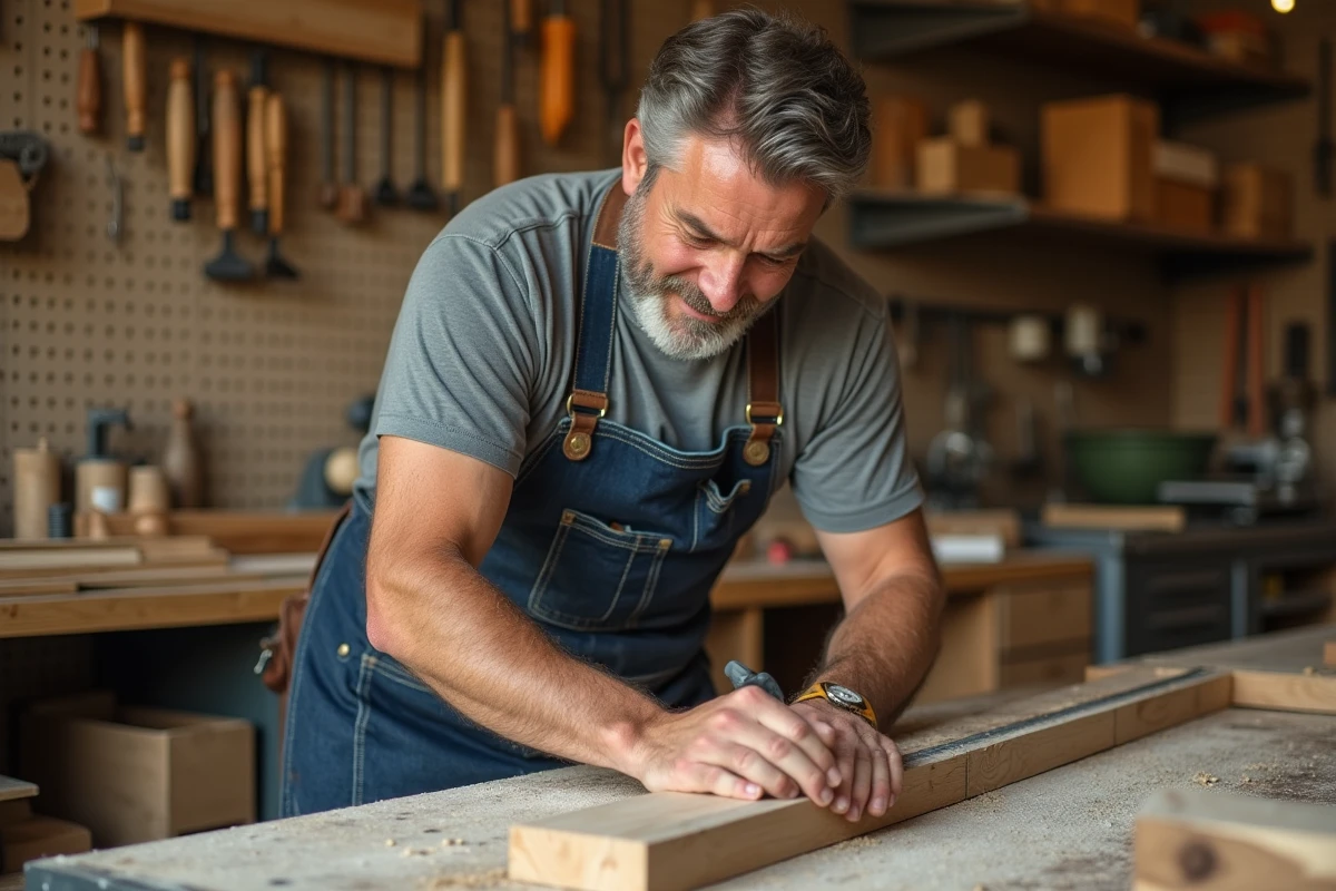 Un homme en tablier de bricolage mesurant une planche en bois dans un atelier local bien équipé