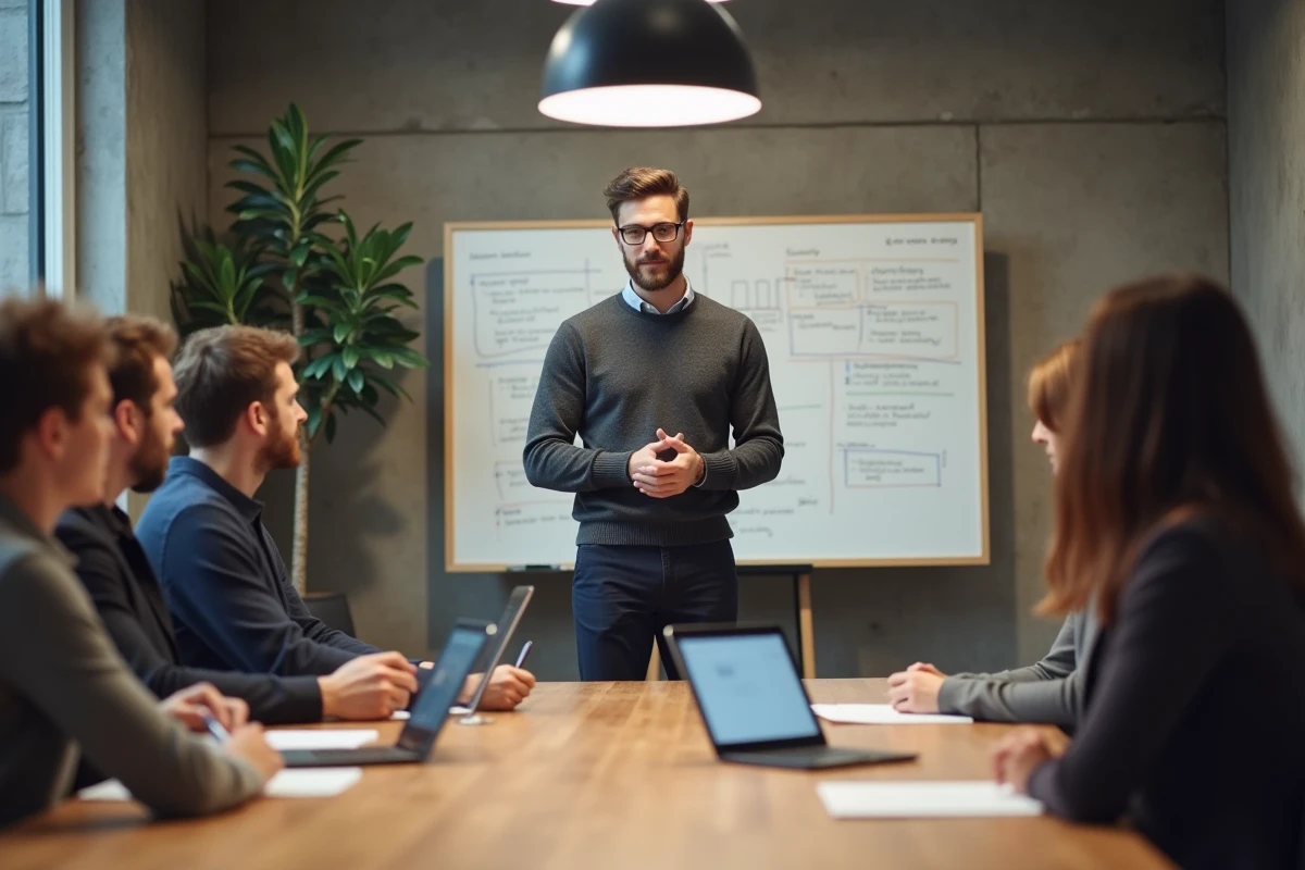 Jeune professionnel présentant une stratégie digitale lors d'un atelier workshop à Paris