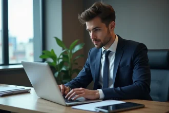 Jeune avocat en costume navy travaillant sur un ordinateur avec logiciel juridique AI