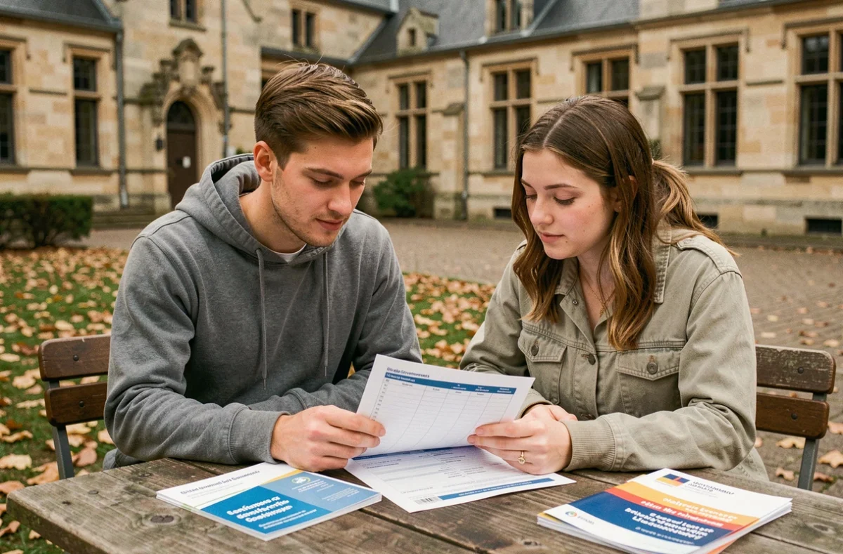 Deux étudiants en kinésithérapie consultant des brochures sur les bourses et aides financières pour études de santé dans un campus universitaire belge en automne