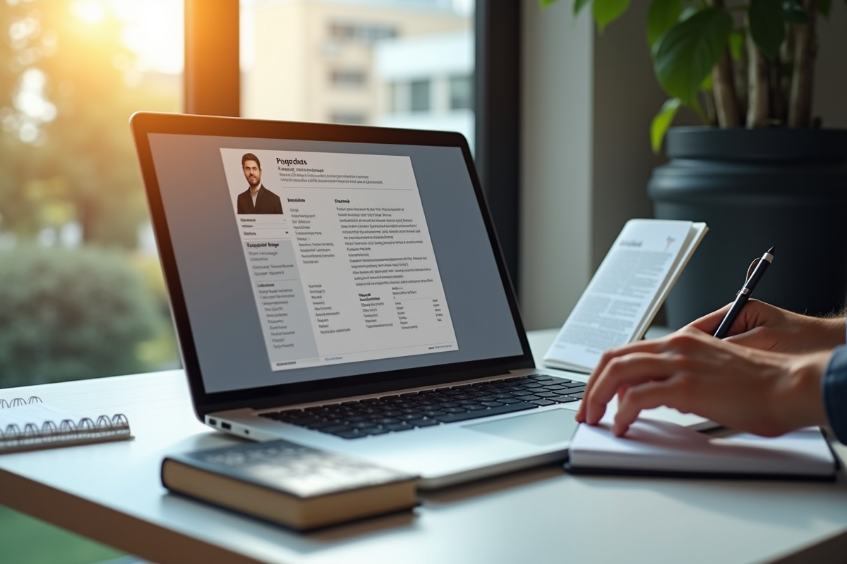 Espace de travail moderne avec CV sur ordinateur et notes