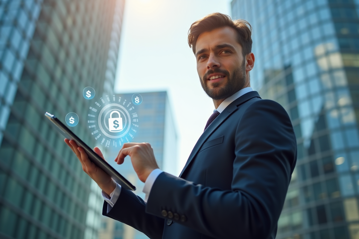 Personne d affaires tenant une tablette avec cadenas et prix