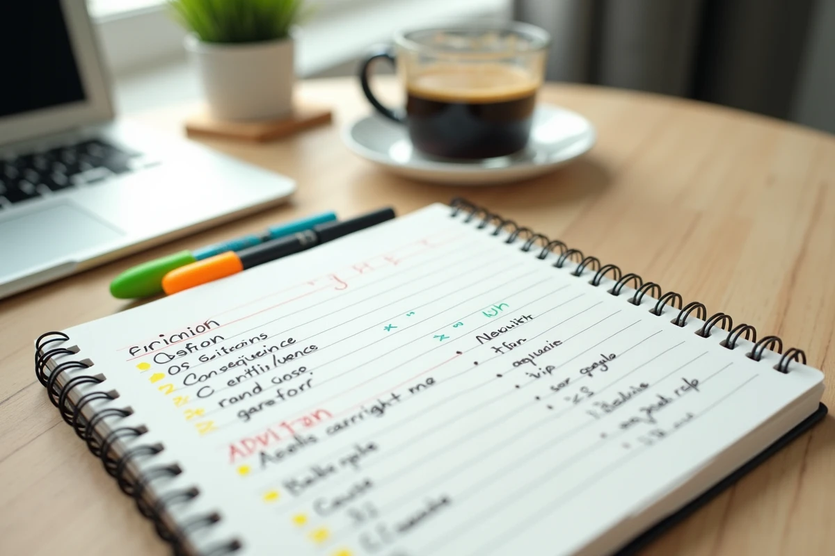 Cahier ouvert sur un bureau minimaliste avec des connecteurs logiques français organisés par catégorie, surlignés et annotés à la main