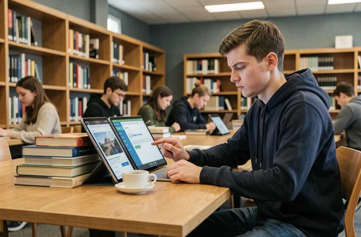 Étudiant consultant son espace candidat Cyclades sur une tablette dans une bibliothèque universitaire