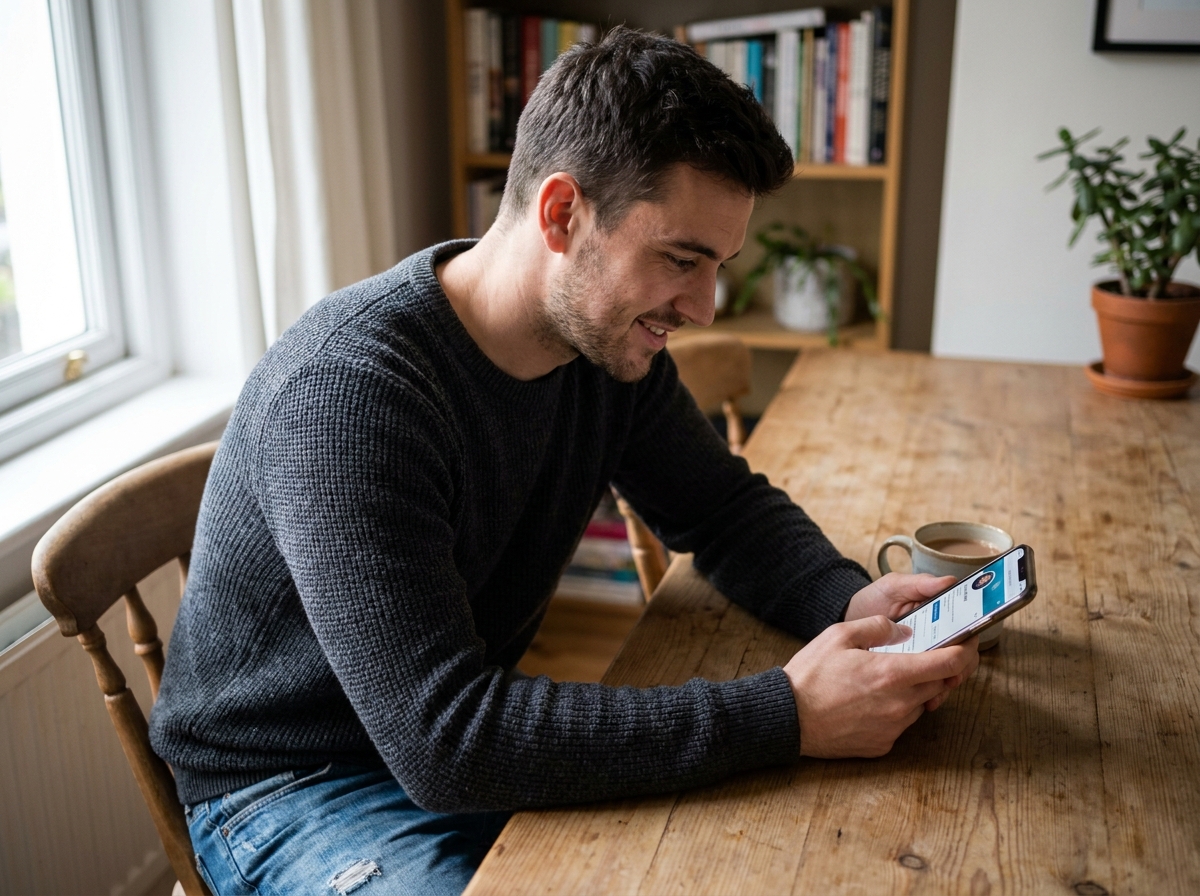 Candidat mettant à jour son profil LinkedIn depuis son domicile pour sa recherche d'emploi