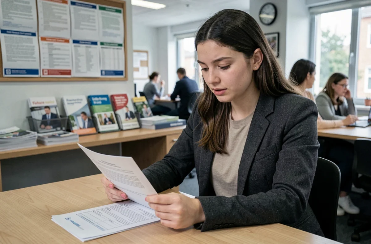 Jeune femme remplissant un dossier de candidature pour un emploi dans le service à la personne sans expérience requise