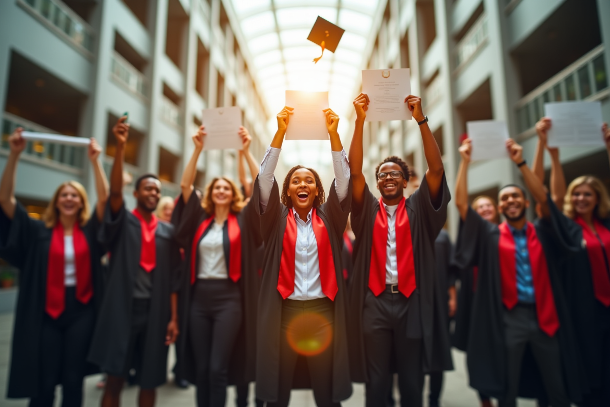 Groupe de professionnels célébrant avec diplomas