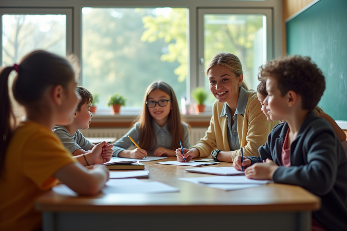 Enseignant moderne avec des enfants dans une classe lumineuse