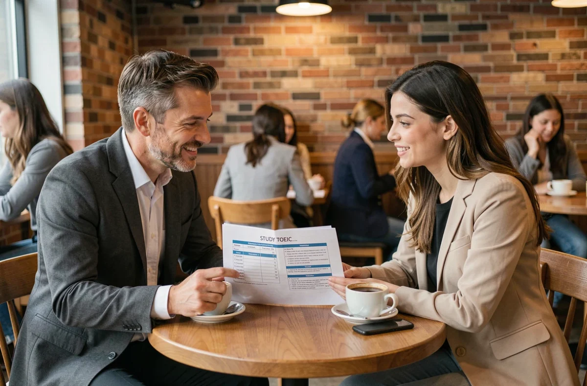 Deux collègues salariés planifiant ensemble un programme d'entraînement TOEIC autour d'un café