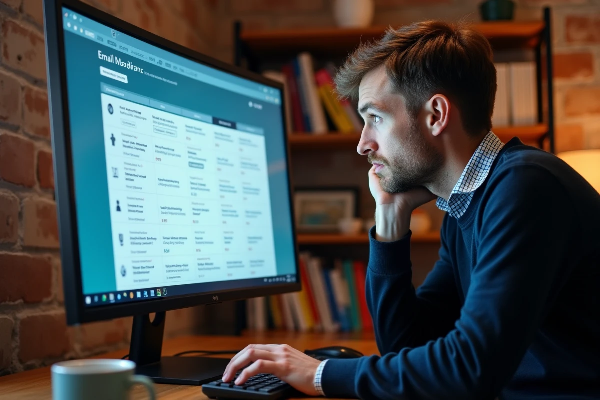 Entrepreneur comparant les tarifs et coûts cachés d'une plateforme d'emailing marketing sur son ordinateur