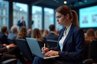 Femme professionnelle prenant des notes lors d'une conférence digitale à Paris dans un auditorium moderne