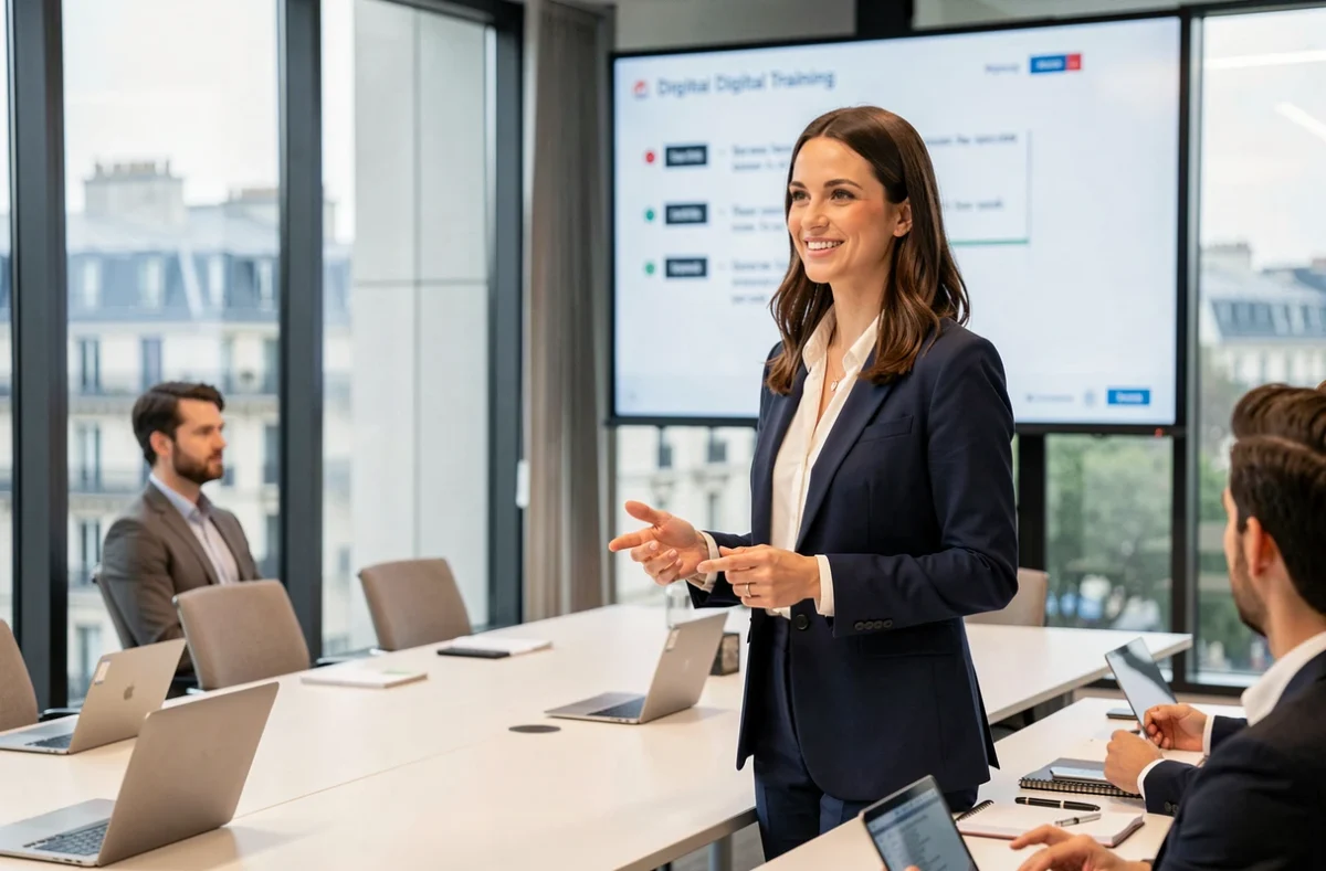 Présentatrice lors d'une conférence sur la formation digitale à Paris, devant un écran de présentation dans une salle moderne