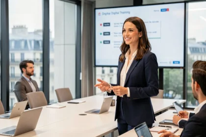 Présentatrice lors d'une conférence sur la formation digitale à Paris, devant un écran de présentation dans une salle moderne