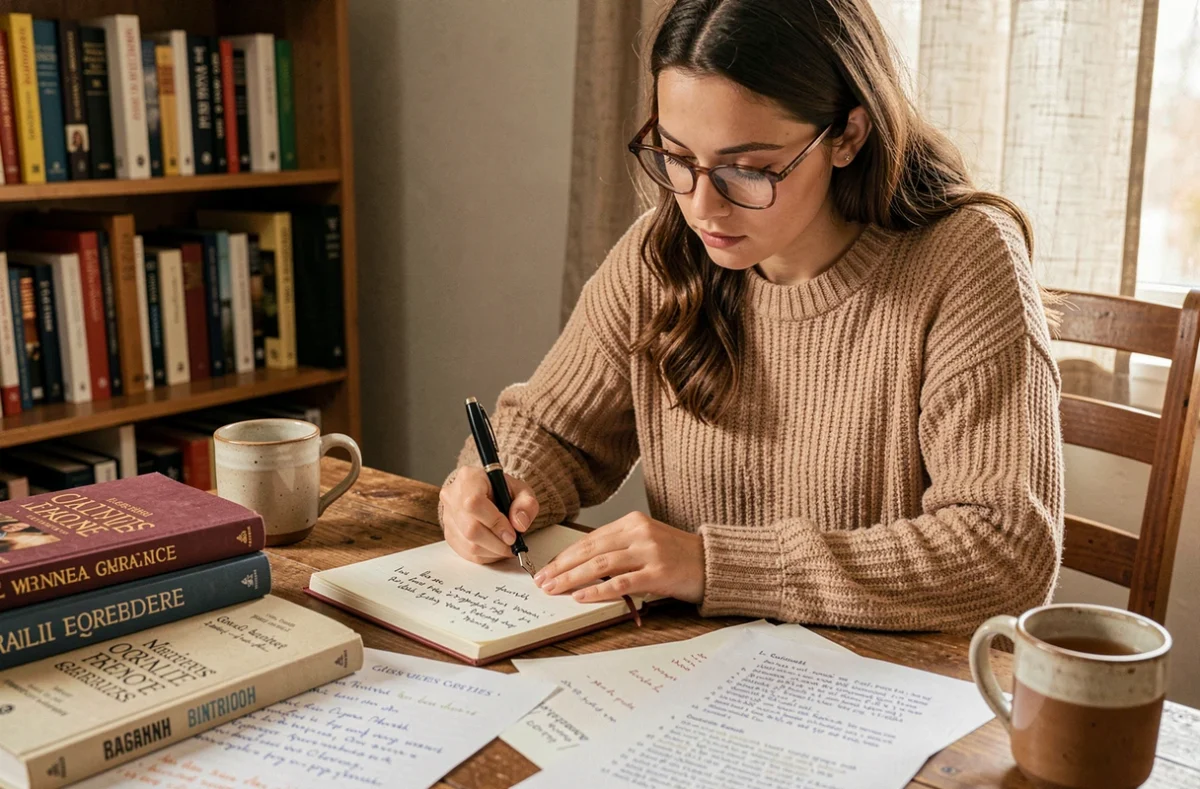 Jeune femme concentrée écrivant la conjugaison du verbe rejoindre au passé simple dans un cahier, entourée de livres de grammaire française