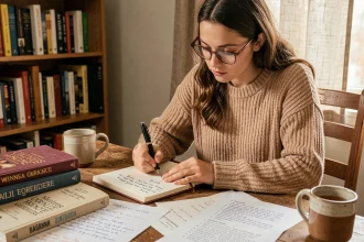 Jeune femme concentrée écrivant la conjugaison du verbe rejoindre au passé simple dans un cahier, entourée de livres de grammaire française