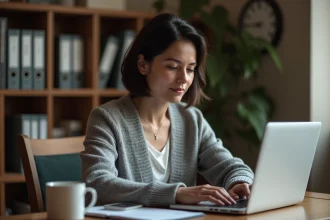 Femme connectée à sa messagerie académique de Strasbourg depuis son bureau à domicile
