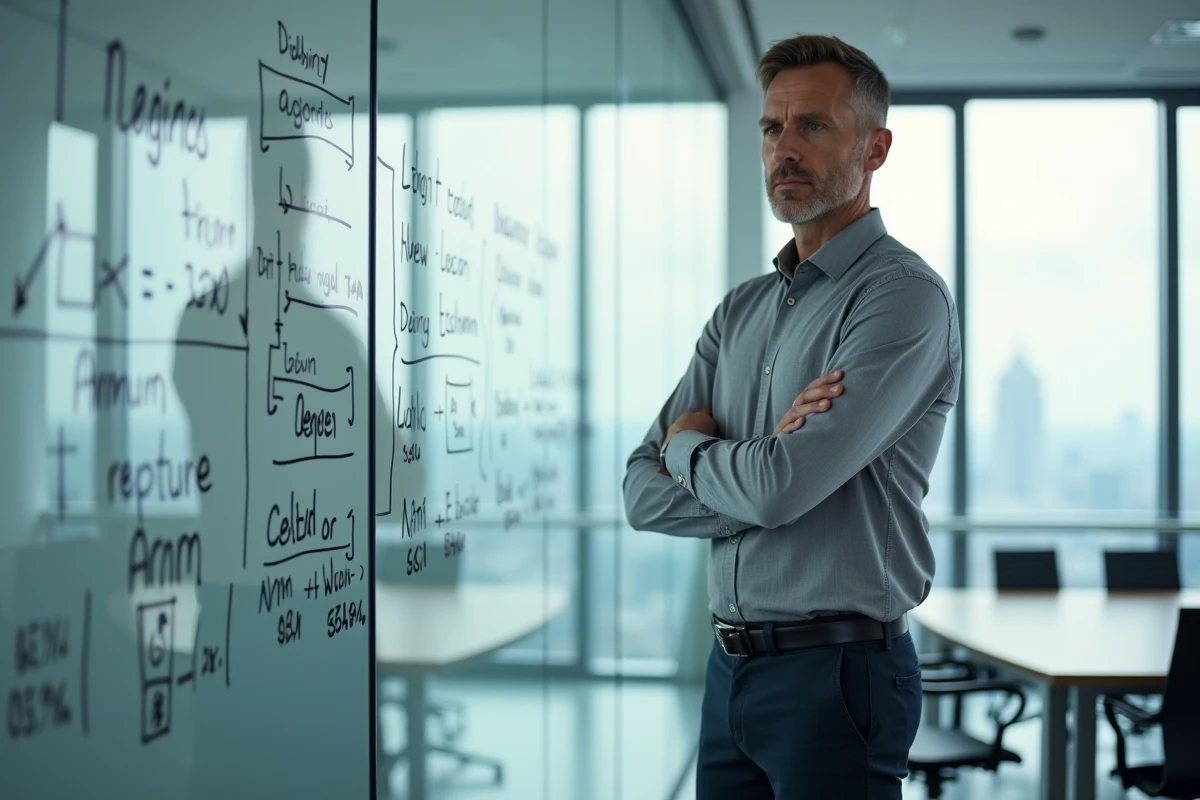 Consultant en stratégie devant un tableau blanc avec des calculs ROI et des stratégies de prix IA en entreprise