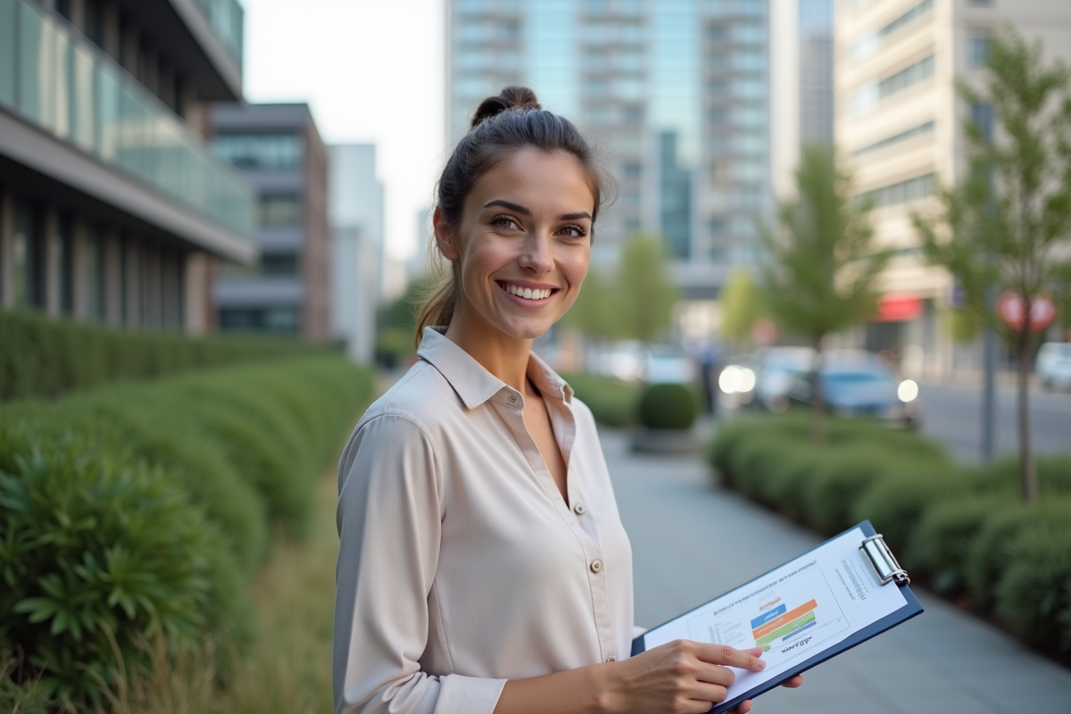 Jeune consultante française avec graphique ESG en extérieur