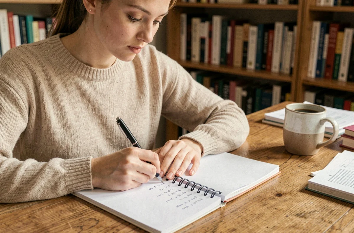 Jeune femme convertissant des notes dans un carnet sur un bureau en bois, ambiance studieuse à domicile