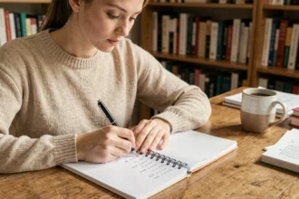 Jeune femme convertissant des notes dans un carnet sur un bureau en bois, ambiance studieuse à domicile