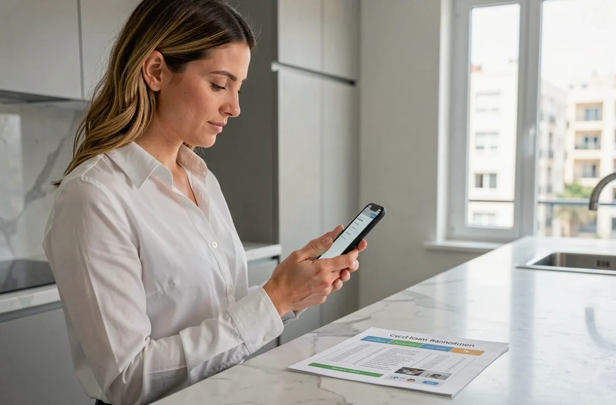 Femme vérifiant sa convocation d'examen sur l'application Cyclades depuis son domicile avec smartphone