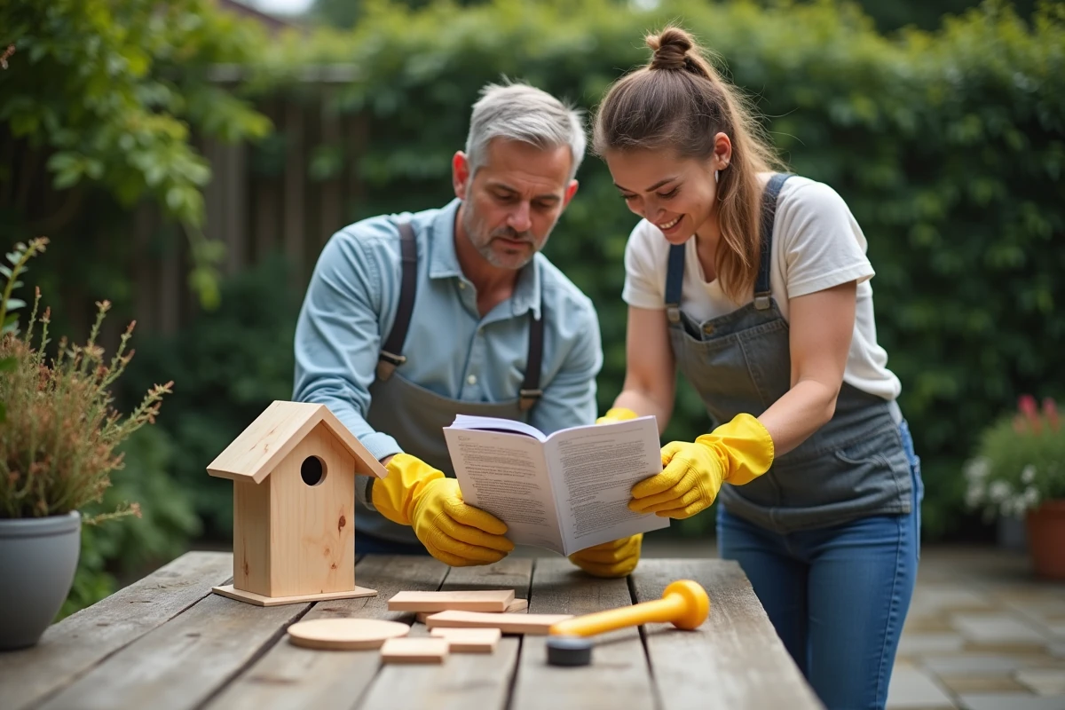Couple de débutants en bricolage consultant un guide de formation pour construire une cabane à oiseaux en bois dans un jardin