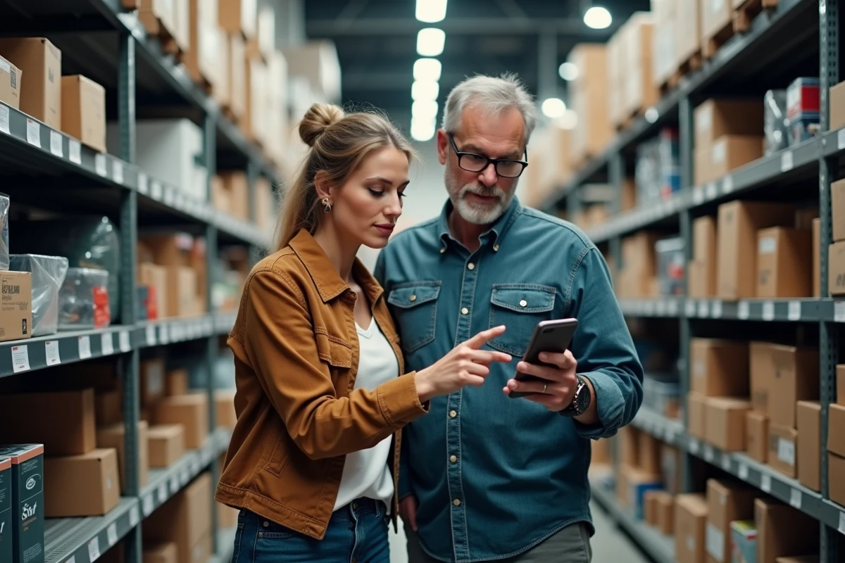 Couple en magasin de bricolage consultant un cours pratique en ligne sur smartphone avant achat