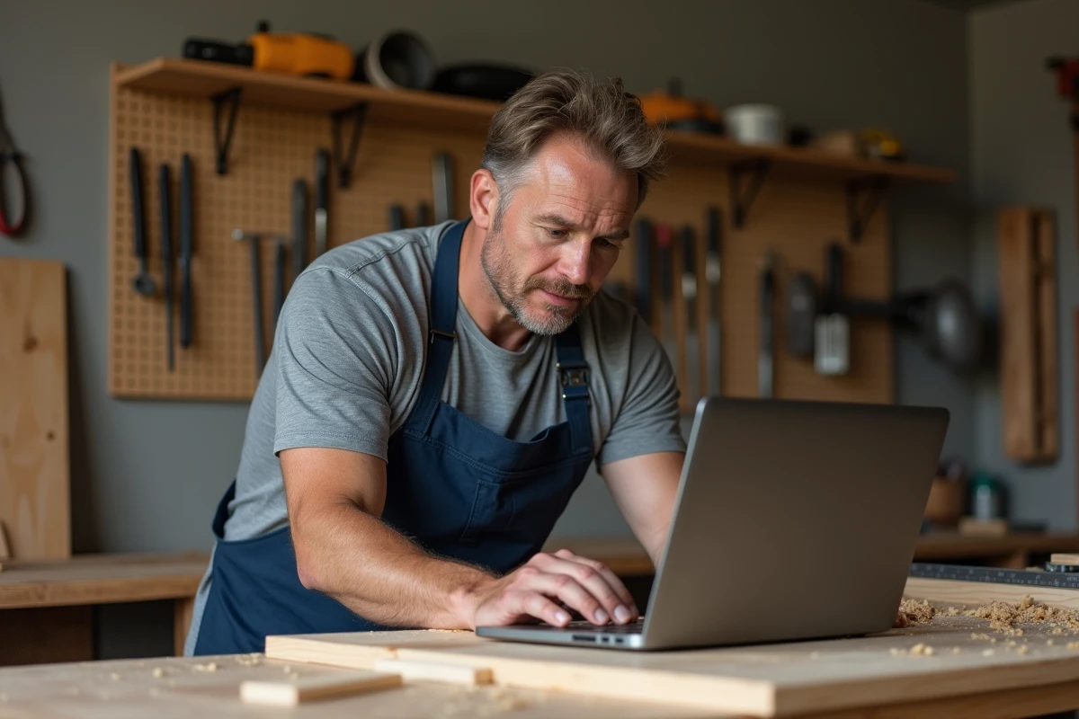 Homme adulte suivant un cours de bricolage en ligne sur ordinateur portable dans un atelier maison réaliste