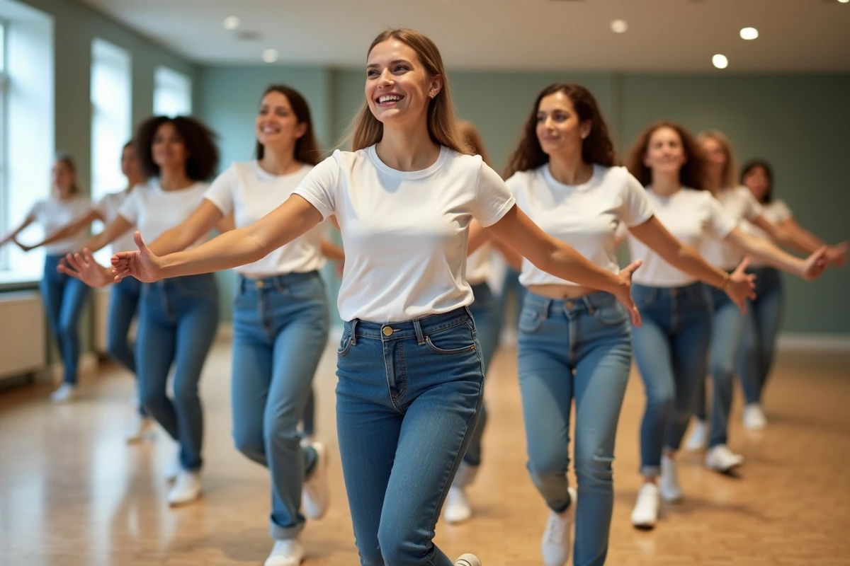 Groupe de femmes apprenant la danse Madison dans un studio de danse pour un EVJF, en tenue assortie sur parquet en bois
