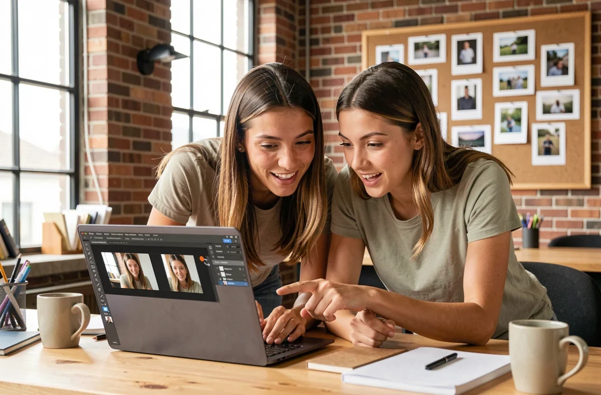 Cours de photographie et retouche légère avec deux femmes comparant des images avant-après sur un ordinateur portable dans un atelier créatif