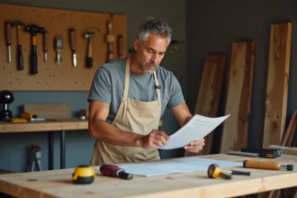 Homme débutant en bricolage lisant des instructions sur un établi en bois avec des outils de base dans un atelier de garage