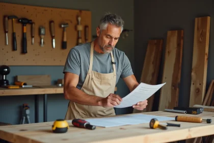Homme débutant en bricolage lisant des instructions sur un établi en bois avec des outils de base dans un atelier de garage