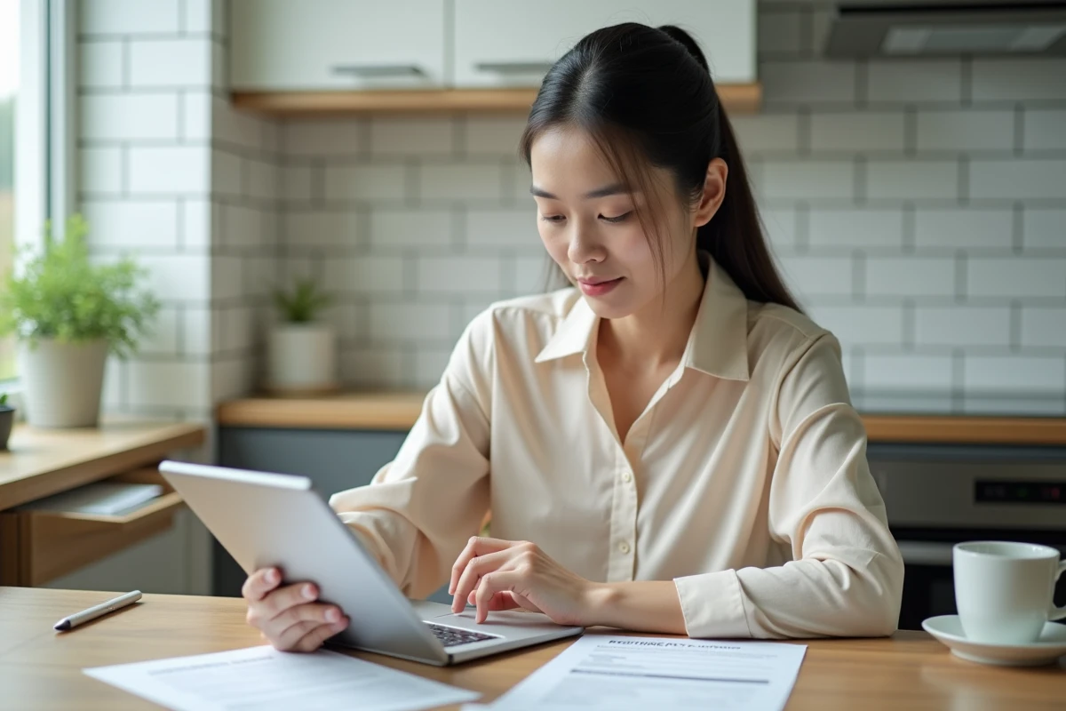 Femme effectuant les démarches d'inscription CPF pour une formation bricolage sur tablette dans sa cuisine